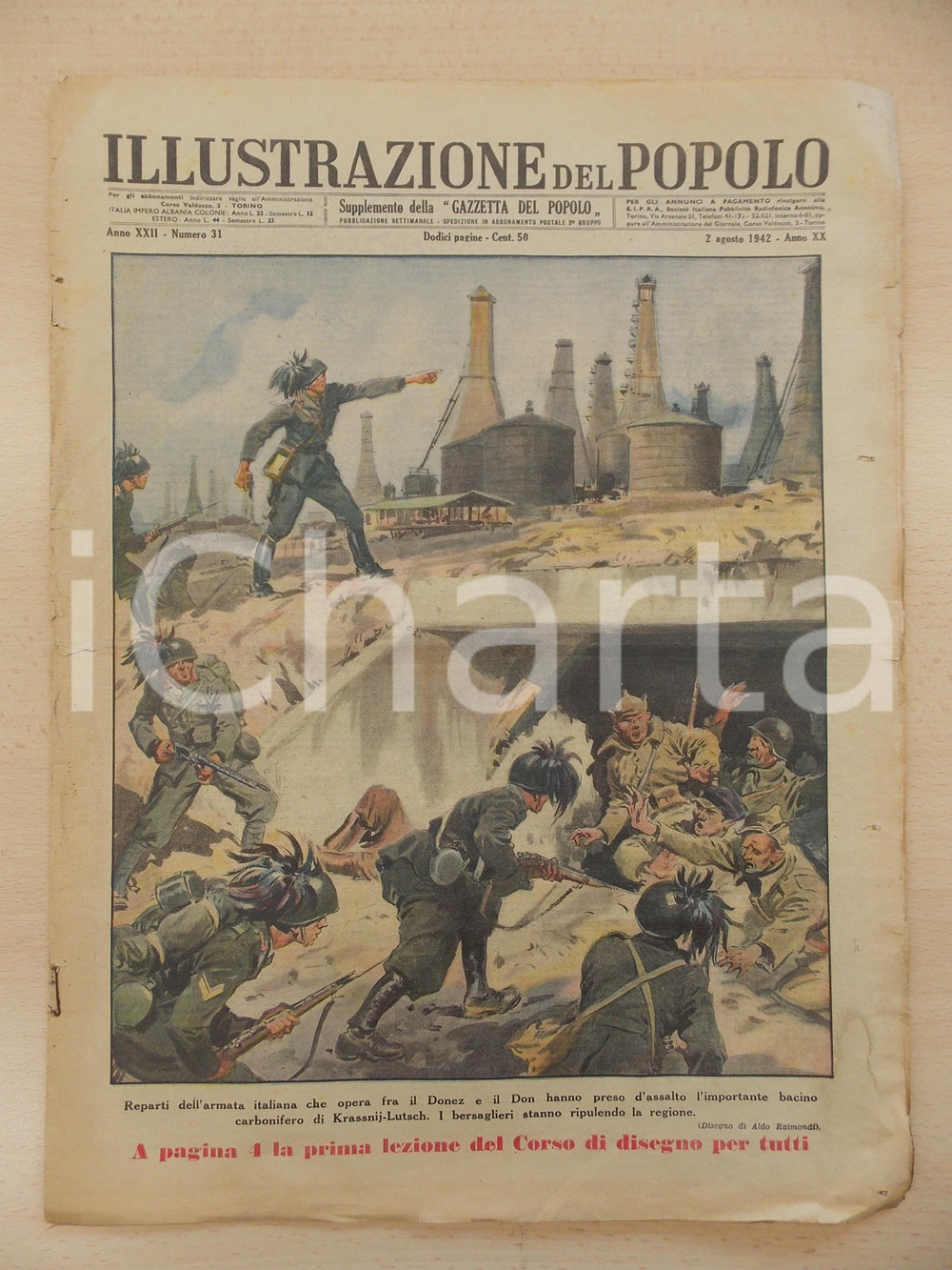 Giornale, rivista storica 1942 ILLUSTRAZIONE DEL POPOLO Assalto al bacino carbonifero di KRASSNIJ LUTSCH 1