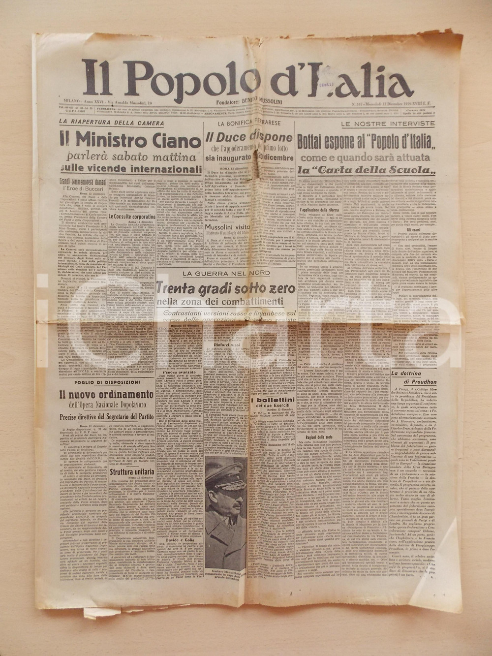 Giornale, rivista storica 1939 IL POPOLO D ITALIA Giuseppe BOTTAI sulla Carta della Scuola DANNEGGIATO 1