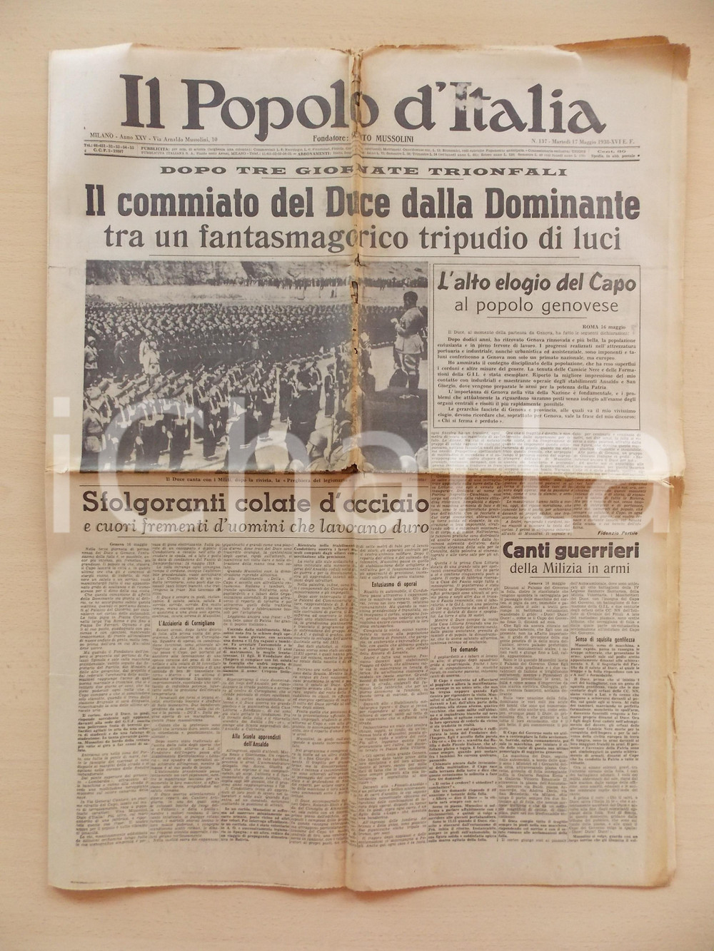 Giornale, rivista storica 1938 IL POPOLO D ITALIA Commiato del DUCE dalla Dominante Rivista DANNEGGIATA 1