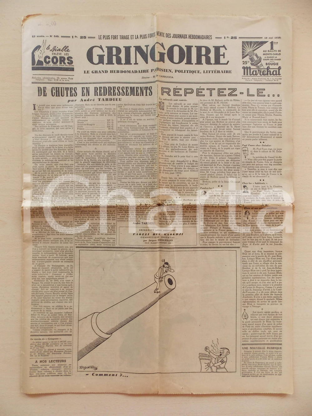 Giornale, rivista storica 1939 GRINGOIRE AndrÃ© TARDIEU  De chutes en redressements Giornale parigino 1