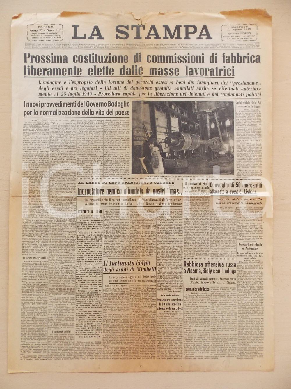 Giornale, rivista storica 1943 LA STAMPA Commissioni fabbrica per masse lavoratrici Giornale DANNEGGIATA 1