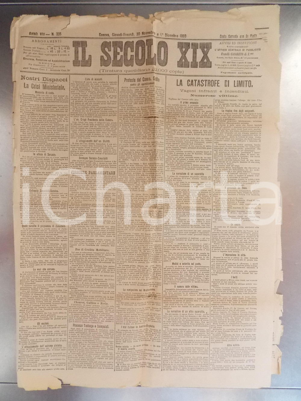 Giornale, rivista storica 1893 IL SECOLO XIX La catastrofe ferroviaria di LIMITO Giornale DANNEGGIATO 1