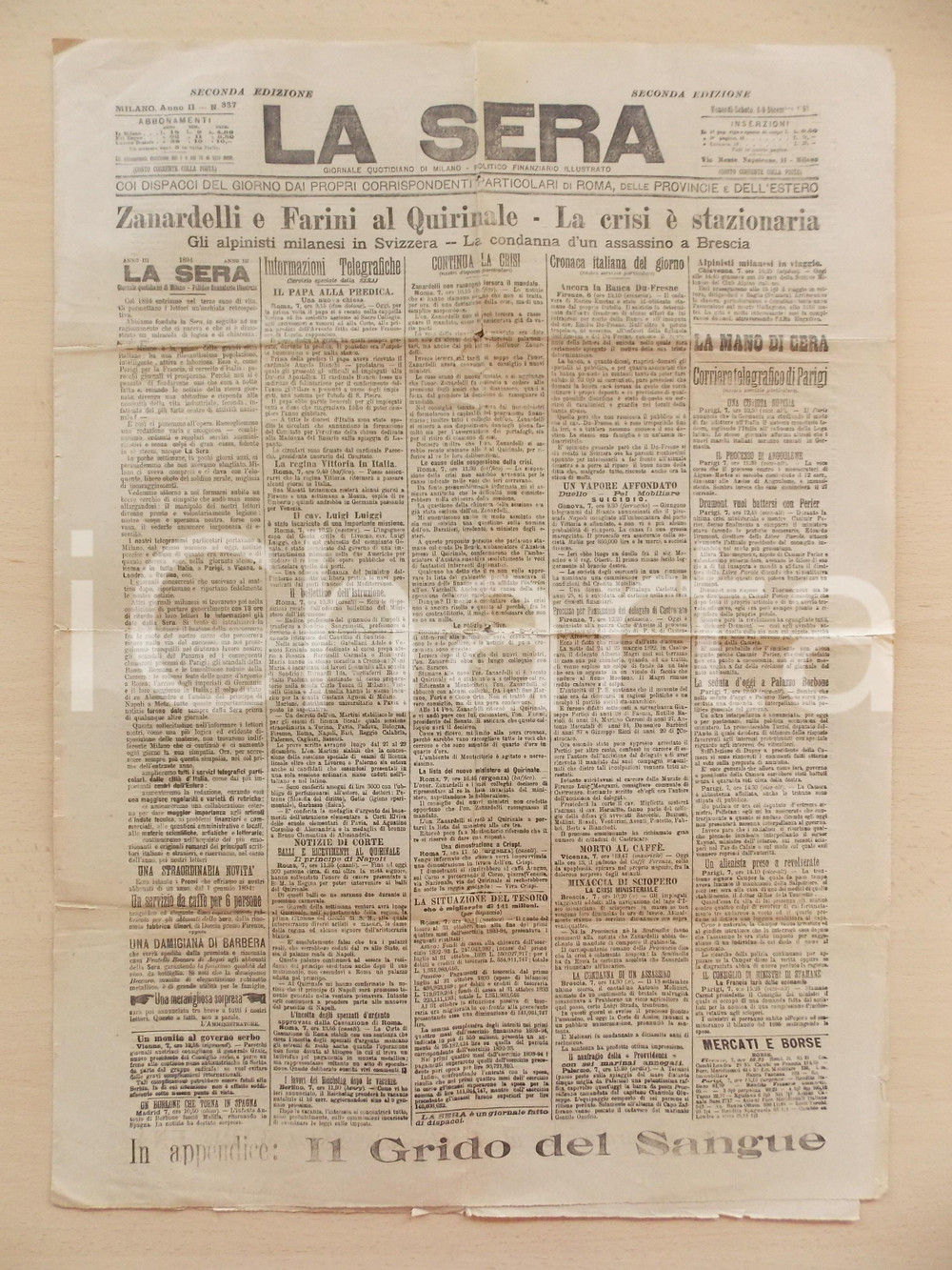 Giornale, rivista storica 1893 LA SERA Giuseppe ZANARDELLI Domenico FARINI al QUIRINALE Giornale 1
