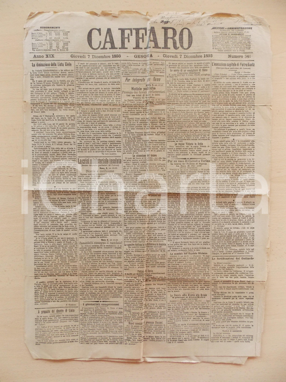 Giornale, rivista storica 1893 GENOVA Giornale CAFFARO Esecuzione capitale di Pietro KUNTZ Giornale 1