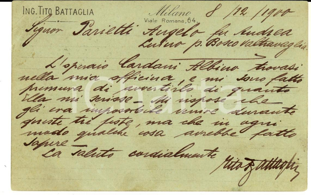 Cartolina originale da collezione 1900 MILANO Ing. Tito BATTAGLIA sulla presenza di un operaio Cartolina postale 1