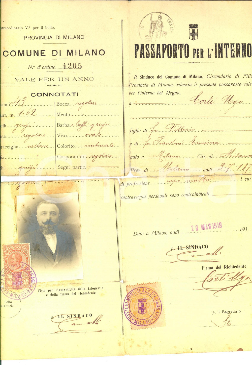 Documento originale, autentico 1919 MILANO Passaporto per l interno di Ugo CORTI DANNEGGIATO 1