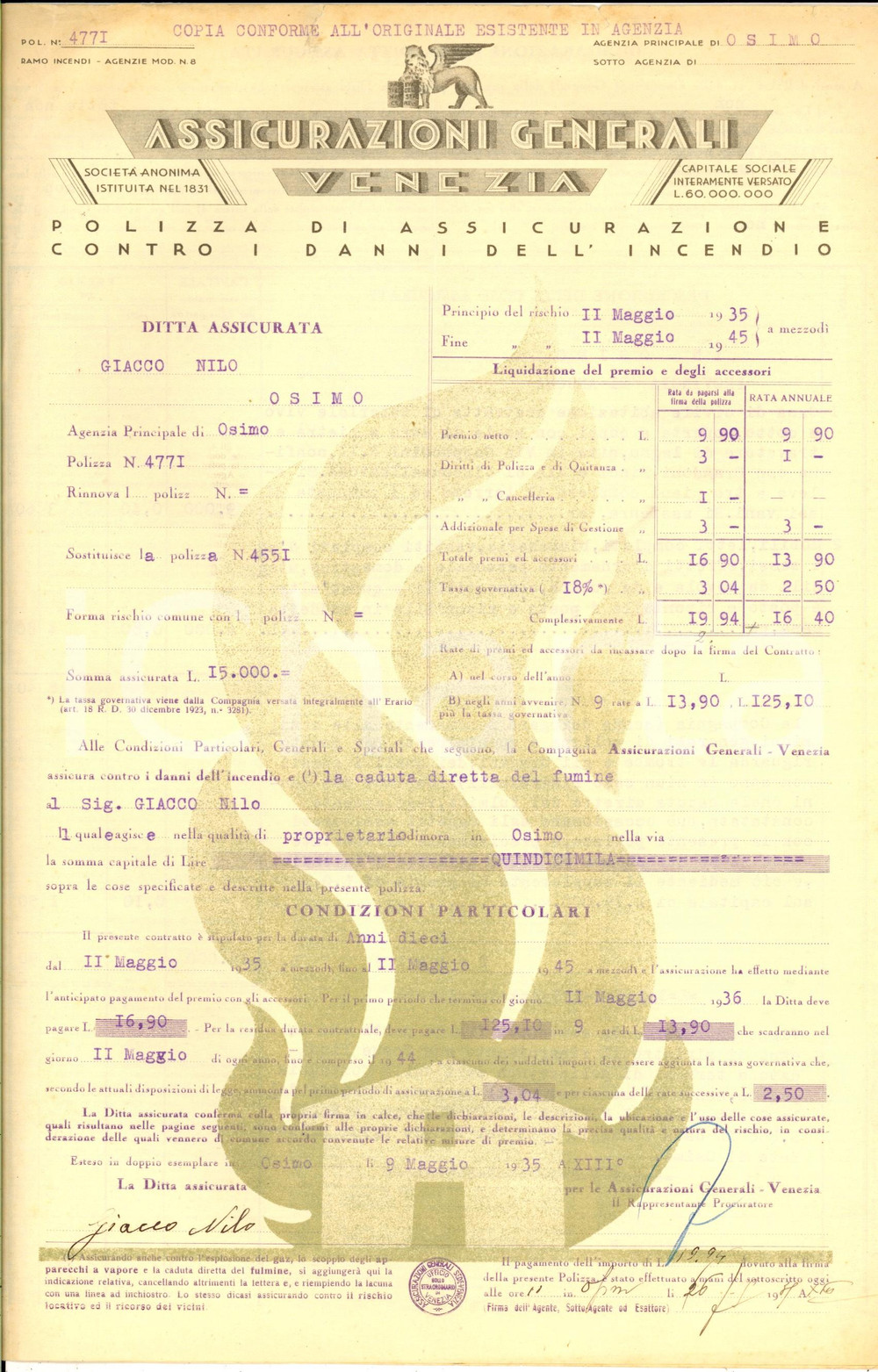 Documento originale, autentico 1935 VENEZIA Polizza ASSICURAZIONI GENERALI contro incendio Ditta Nilo GIACCO 1