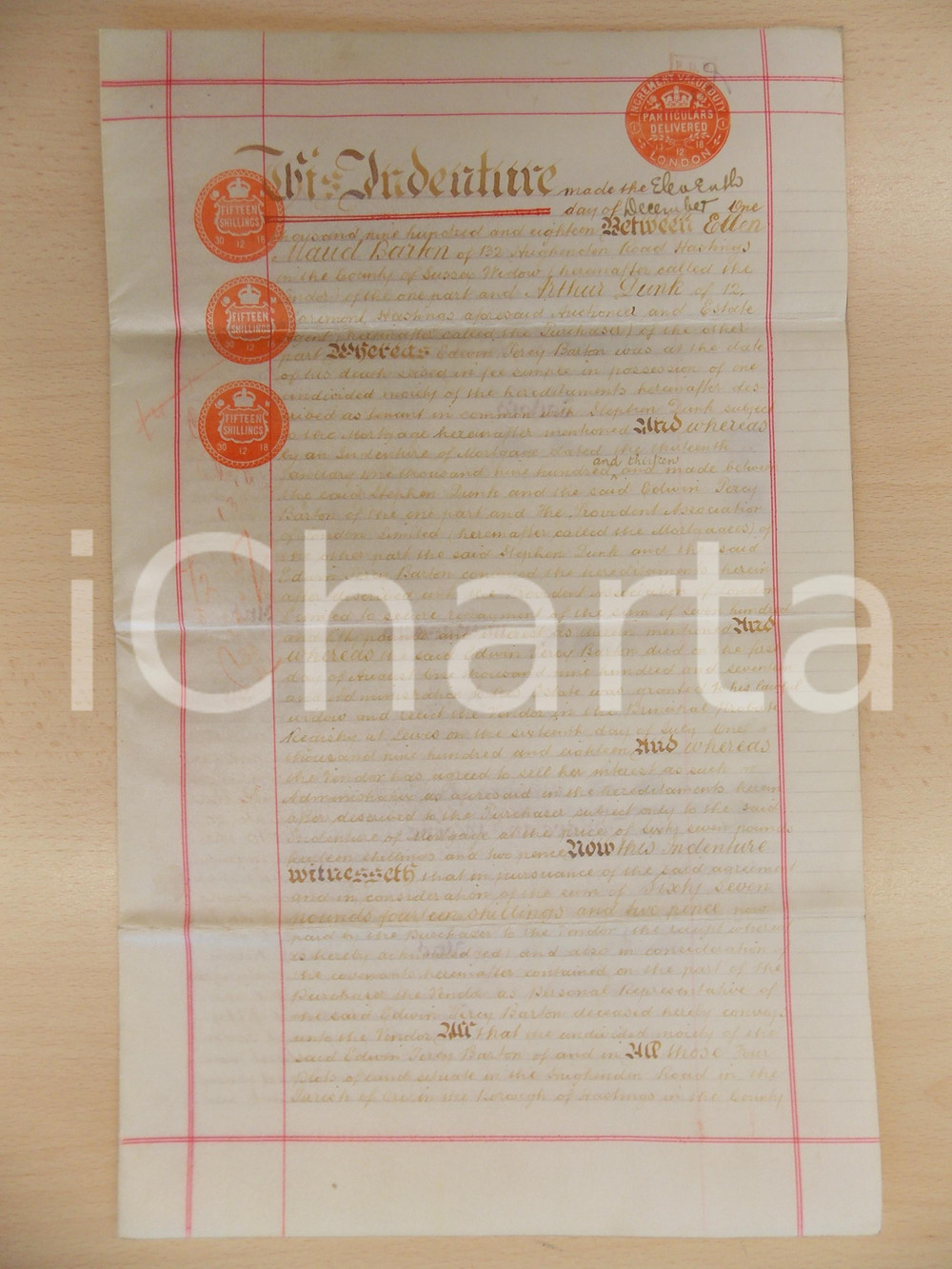 Documento originale, autentico 1918 HASTINGS UK Conveyance between Ellen Maud BARTON and Arthur DUNK 1