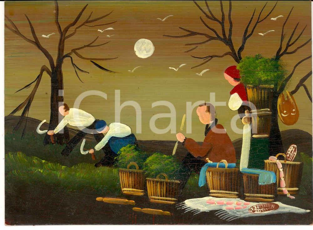 Opera d’arte autentica 1950 ca ARTE Lavoratori falciano l erba Pittura su tavola 18x13 cm 1