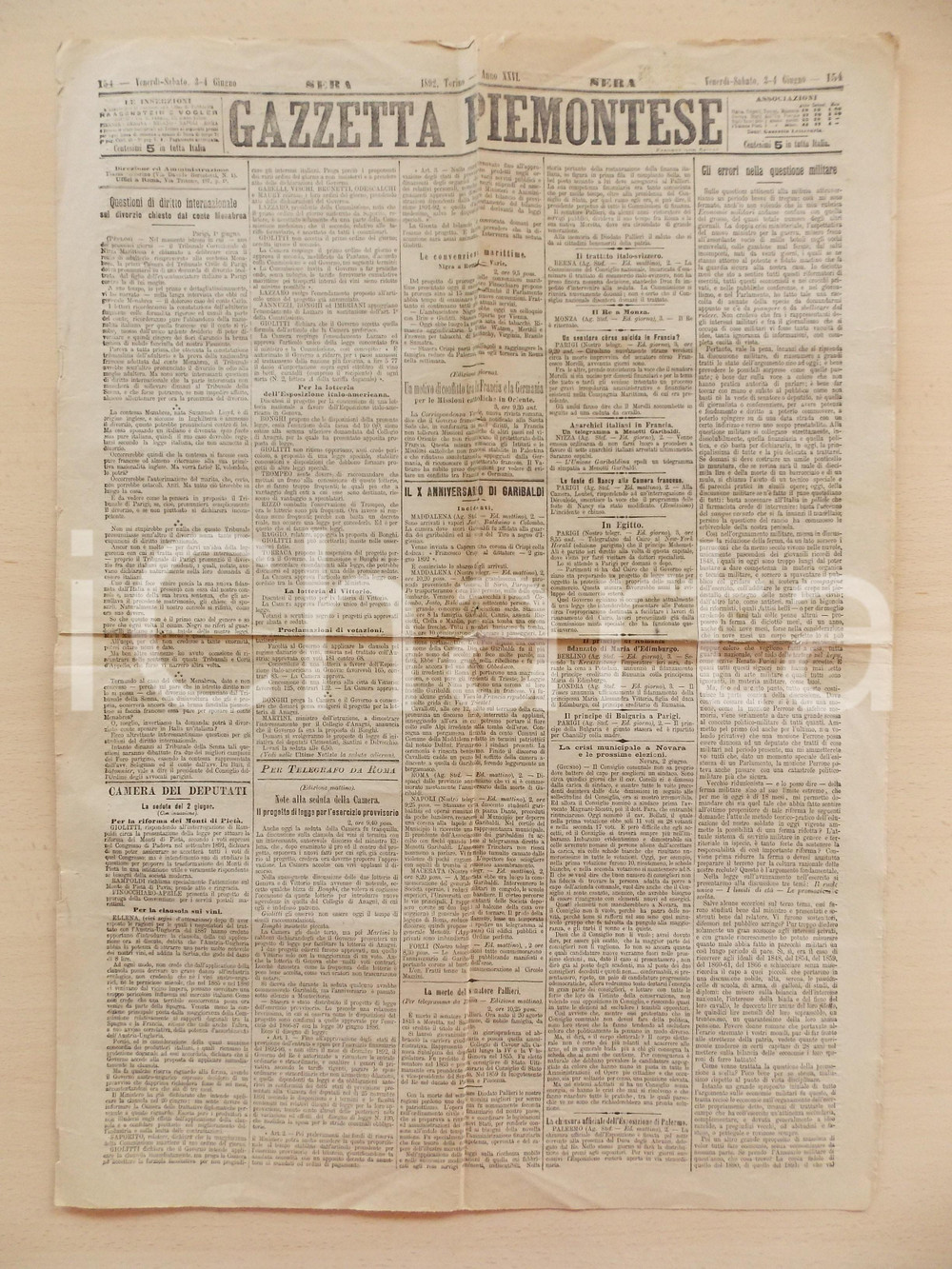 Giornale, rivista storica 1892 GAZZETTA PIEMONTESE Diritto internazionale divorzio Conte MANBREA Giornale 1