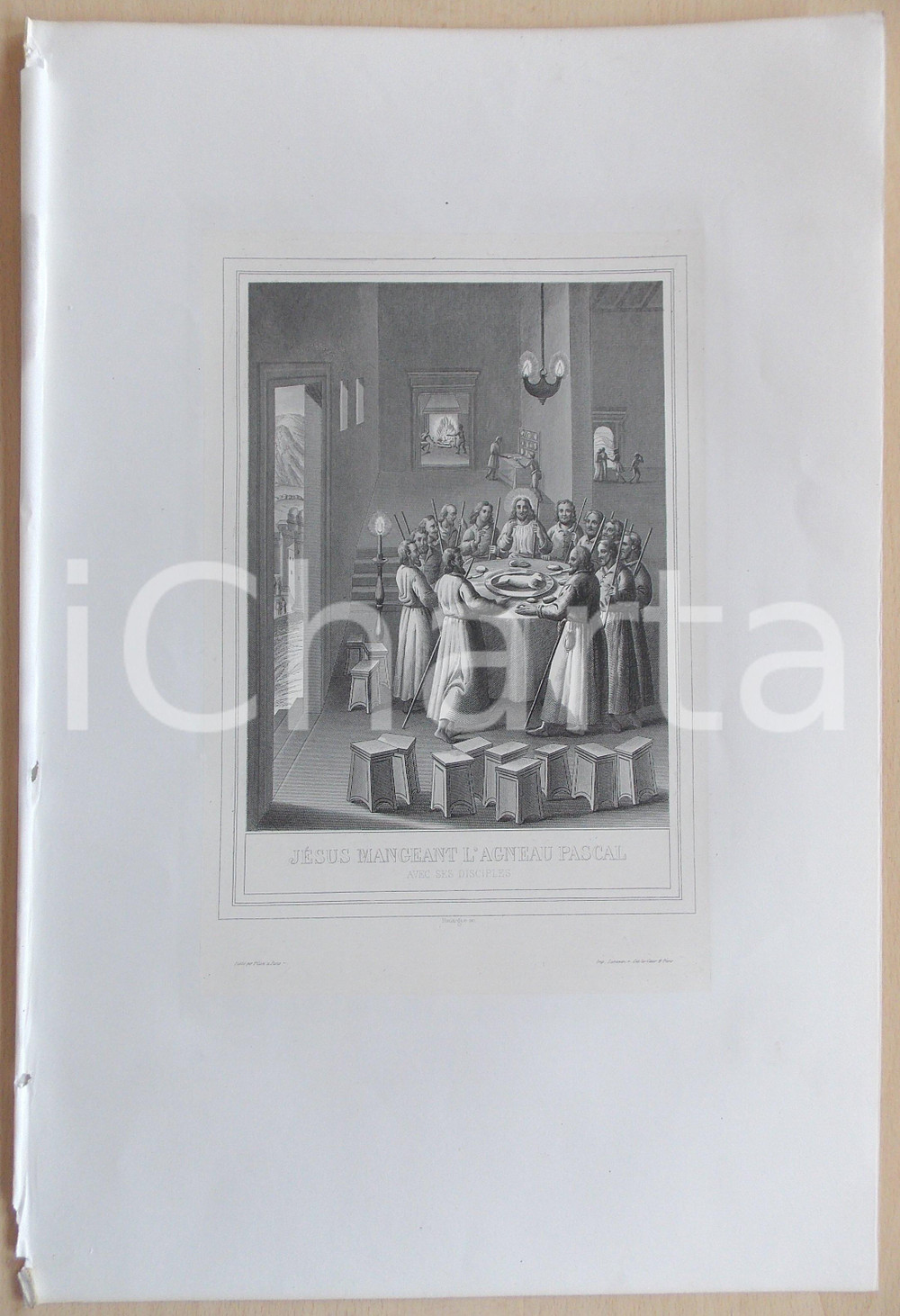 Stampa, bozzetto originale 1853 VIE DE N. S. JESUS CHRIST JÃ©sus mange agneau pascal avec disciples Gravure 1