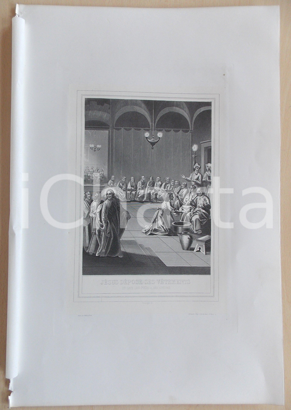 Stampa, bozzetto originale 1853 VIE DE N. S. JESUS CHRIST Jésus lave les pieds à ses apétres Gravure 28x42 1