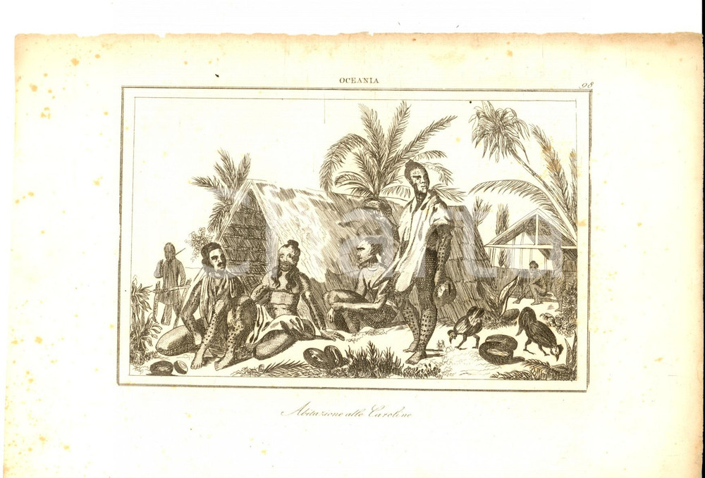 Stampa, bozzetto originale 1830 ca Domeny DE RIENZI Oceania  Abitazione alle Caroline Stampa nÂ° 98 1