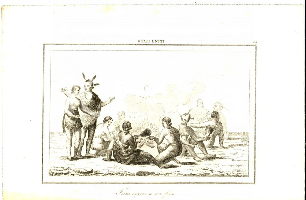 Stampa, bozzetto originale 1830 ca Domeny DE RIENZI Stati Uniti  Festa intorno a un fuoco Stampa n° 24 1