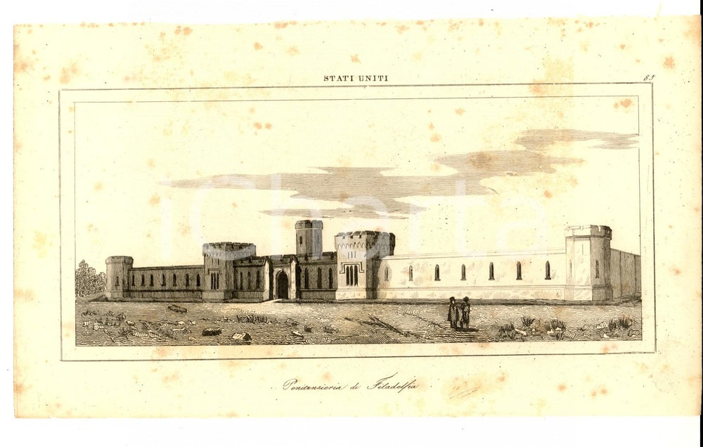 Stampa, bozzetto originale 1830 ca Domeny DE RIENZI Stati Uniti  PHILADELPHIA Penitenzieria Stampa nÂ° 85 1