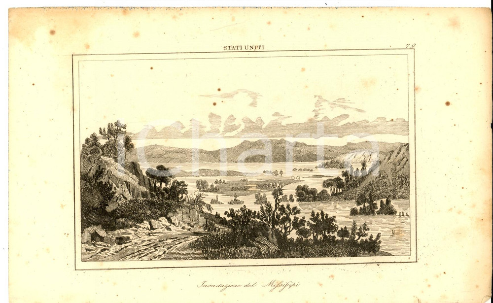 Stampa, bozzetto originale 1830 ca Domeny DE RIENZI Stati Uniti  Inondazione del MISSISSIPPI Stampa n° 79 1