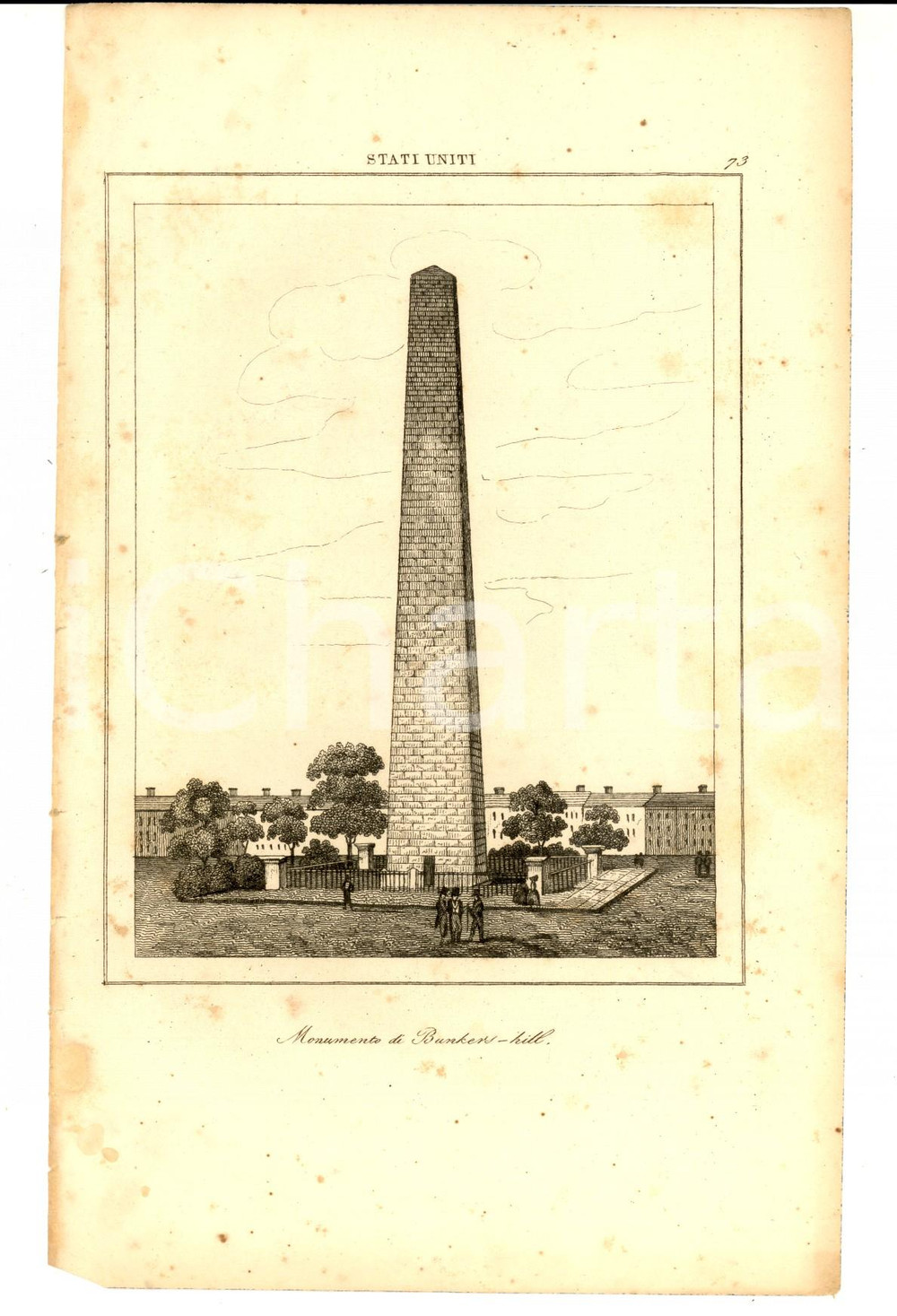 Stampa, bozzetto originale 1830 ca Domeny DE RIENZI Stati Uniti  Monumento di BUNKER HILL Stampa nÂ° 73 1