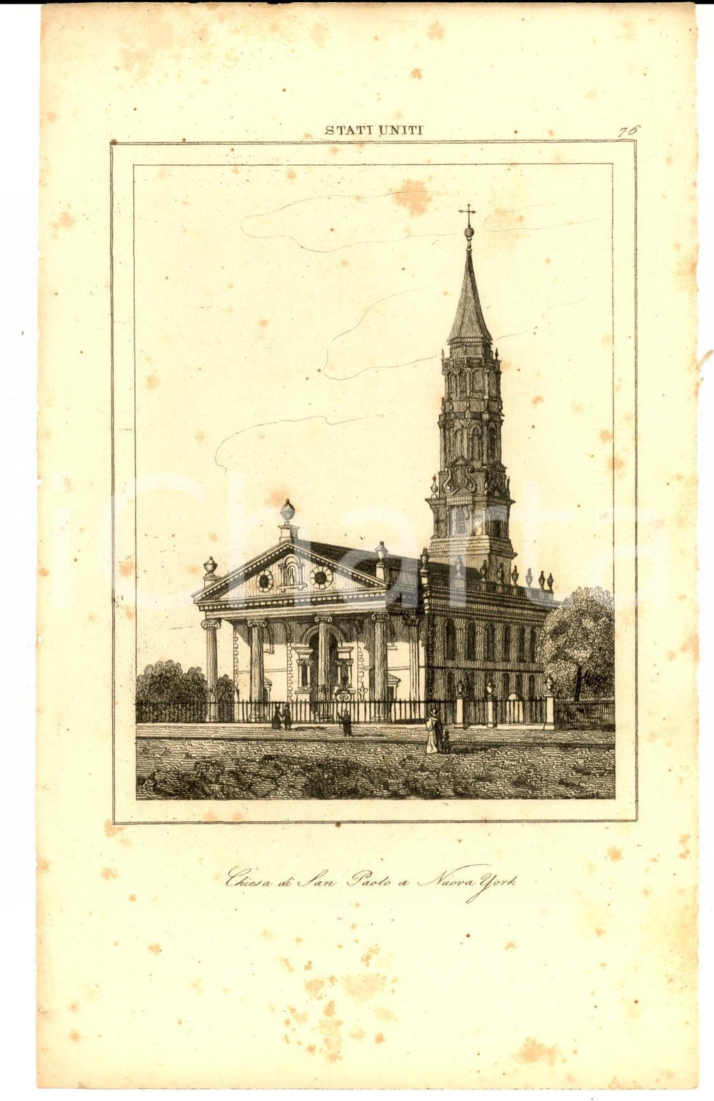 Stampa, bozzetto originale 1830 ca Domeny DE RIENZI Stati Uniti NEW YORK  Chiesa di San Paolo Stampa n°76 1