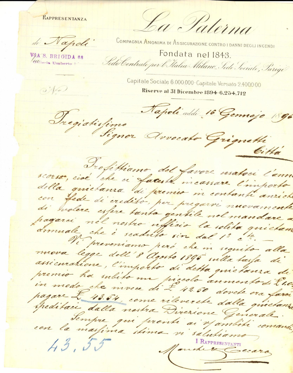 Manoscritto, lettera originale 1896 NAPOLI Assicurazioni LA PATERNA chiede incasso del premio Lettera 1