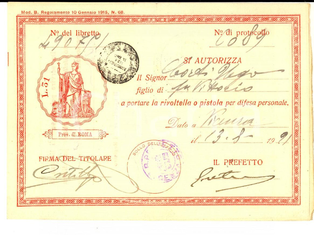 Documento originale, autentico 1919 MILANO Licenza a Ugo CORTI porto rivoltella per difesa personale 1