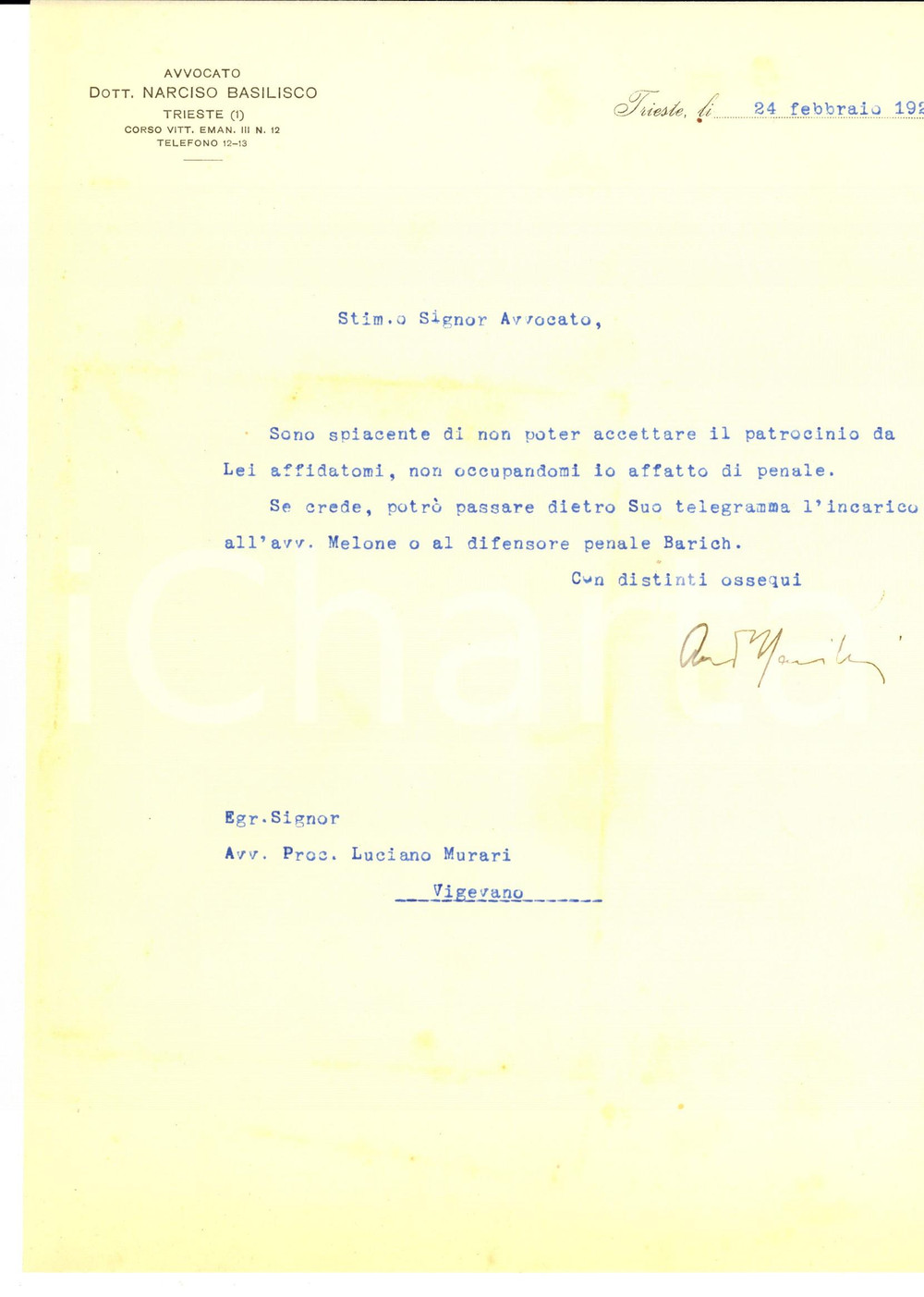 Documento originale, autentico 1926 TRIESTE Avv. Narciso BASILISCO rifiuta un patrocinio legale Lettera 1