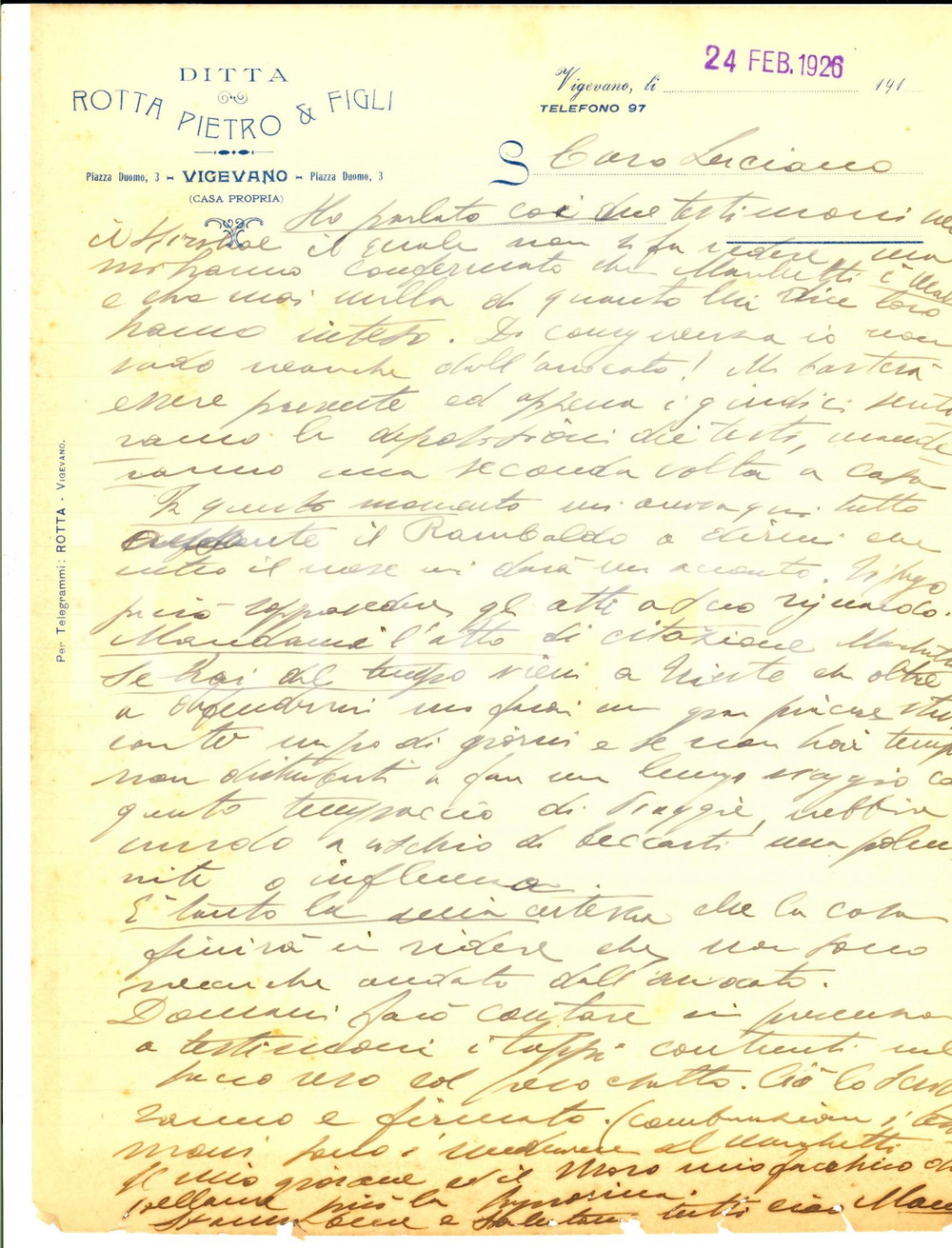 Documento originale, autentico 1926 VIGEVANO Ditta Pietro ROTTA sulla testimonianza di un matto a un processo 1