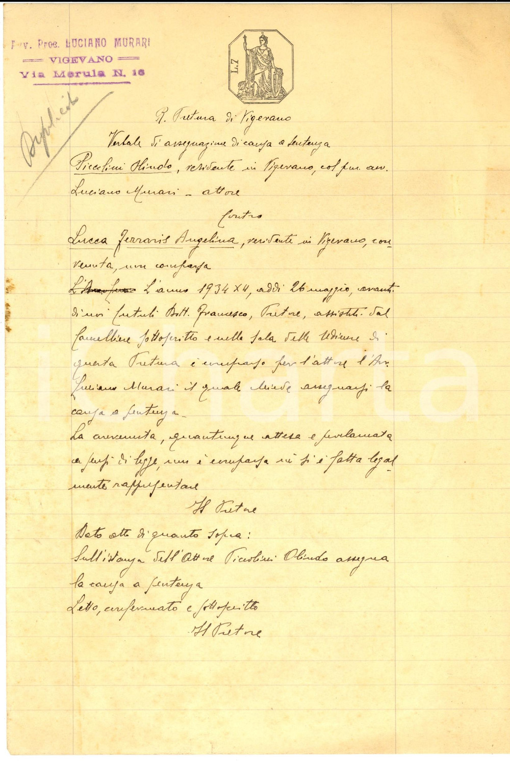 Documento originale, autentico 1934 VIGEVANO Assegnazione a sentenza causa Olindo PICCOLINI  Angelina LUCCA 1