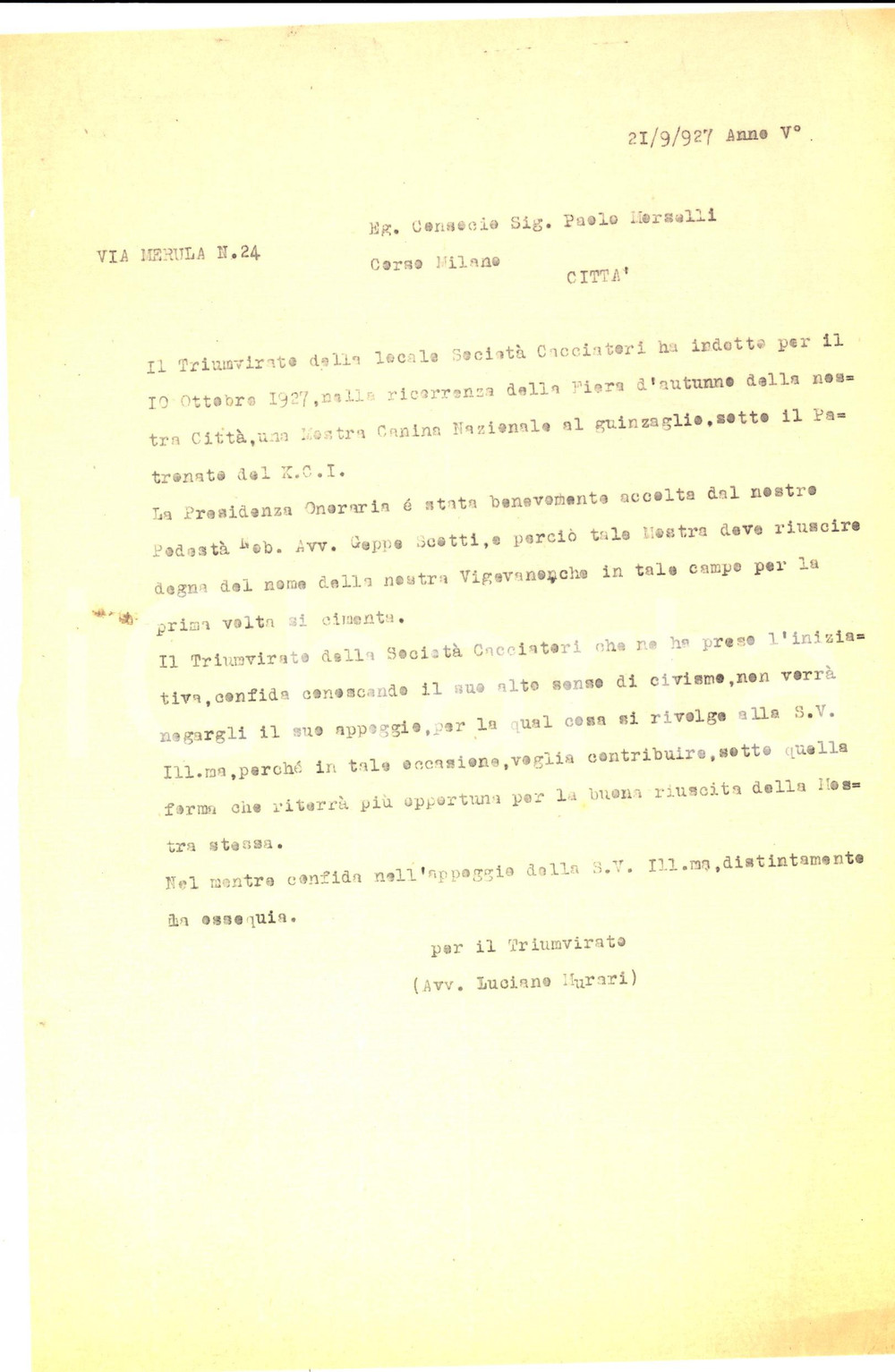 Documento originale, autentico 1927 VIGEVANO PV Mostra Canina per la Fiera d autunno Lettera 1