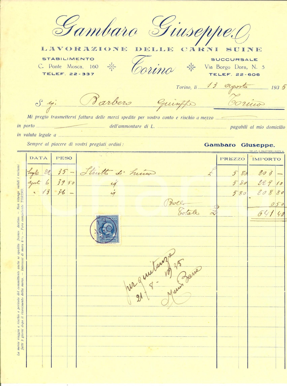Documento originale, autentico 1935 TORINO Ponte Mosca  Giuseppe GAMBARO carni suine Fattura intestata 1