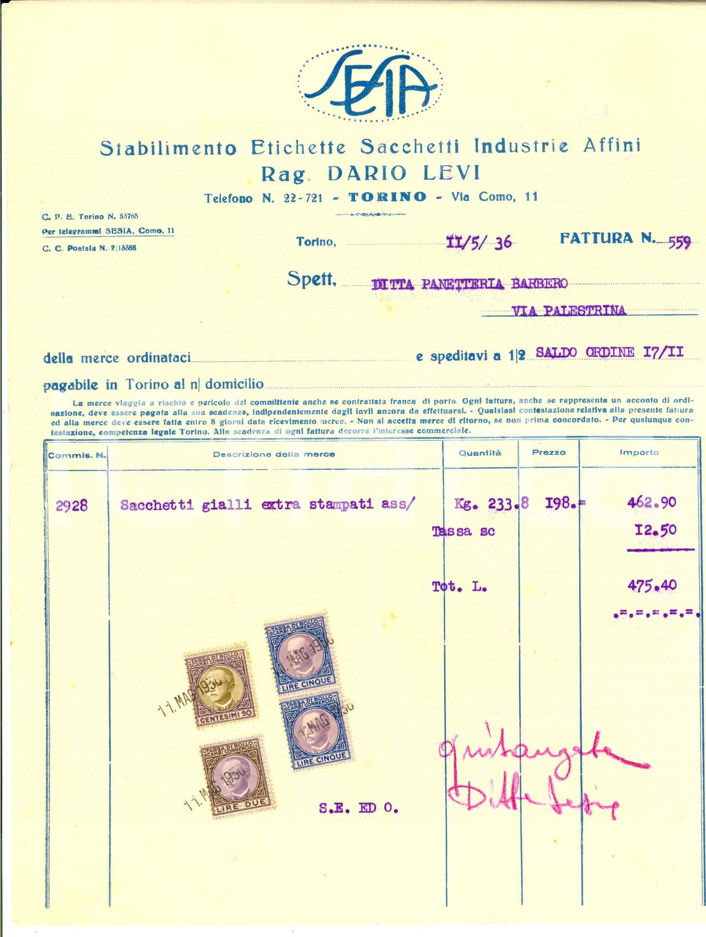 Documento originale, autentico 1936 TORINO Ditta SESIA Etichette sacchetti Industrie Affini Fattura intestata 1