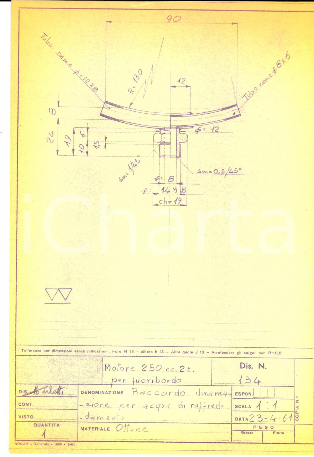 Stampa, bozzetto originale 1961 NAUTICA Motore 250 cc. fuoribordo  Raccordo diramazione Disegno MERLETTI 1