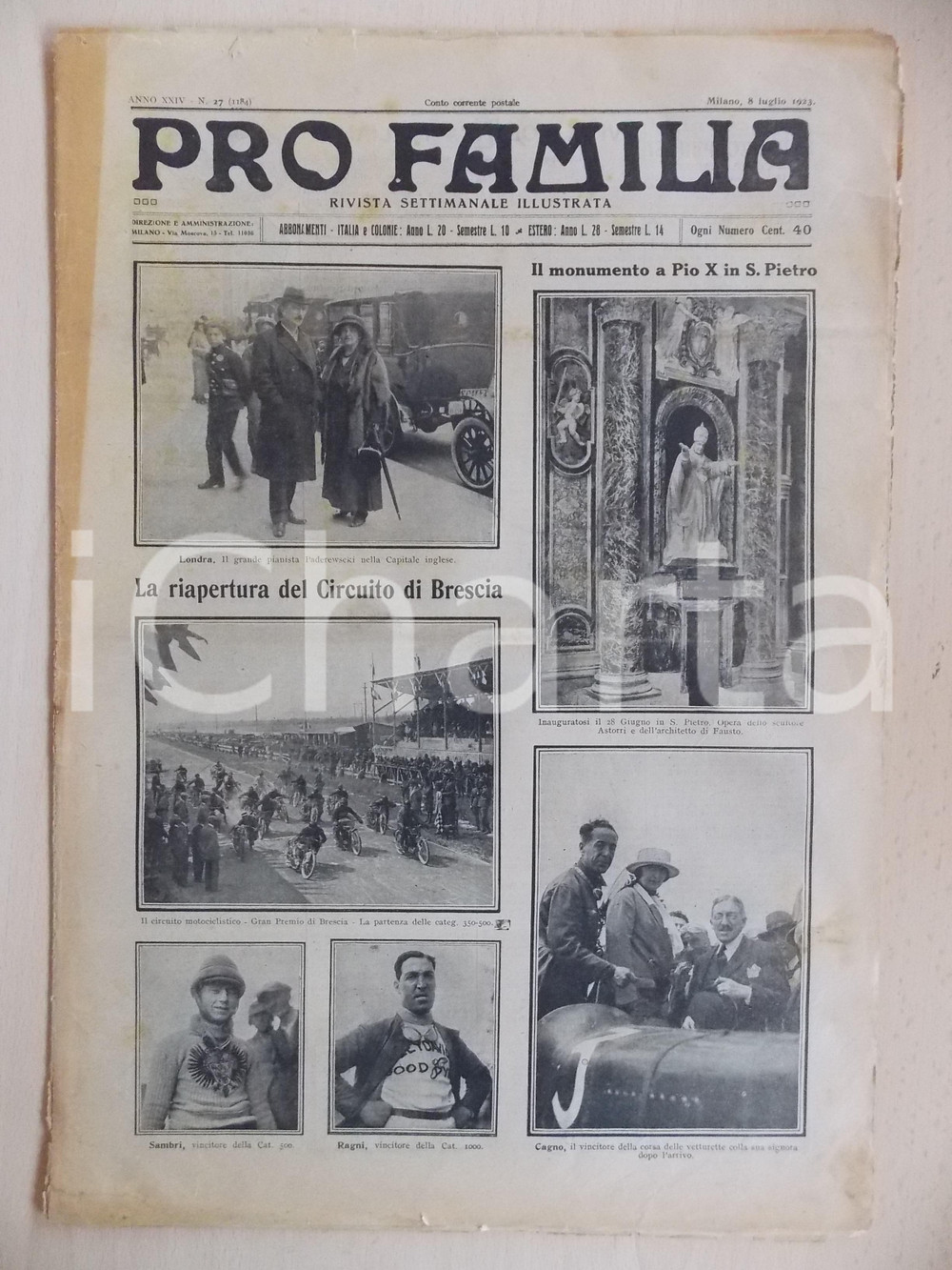 Giornale, rivista storica 1923 PRO FAMILIA Riapertura del Circuito di Brescia Rivista anno XXIV nÂ° 27 1
