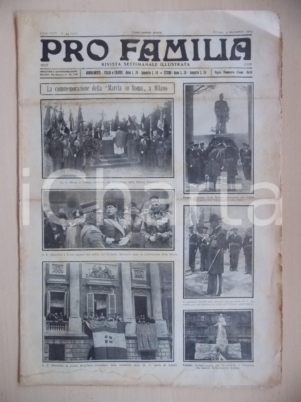 Giornale, rivista storica 1923 PRO FAMILIA Mussolini a Milano per commemorazione marcia su Roma Rivista 1