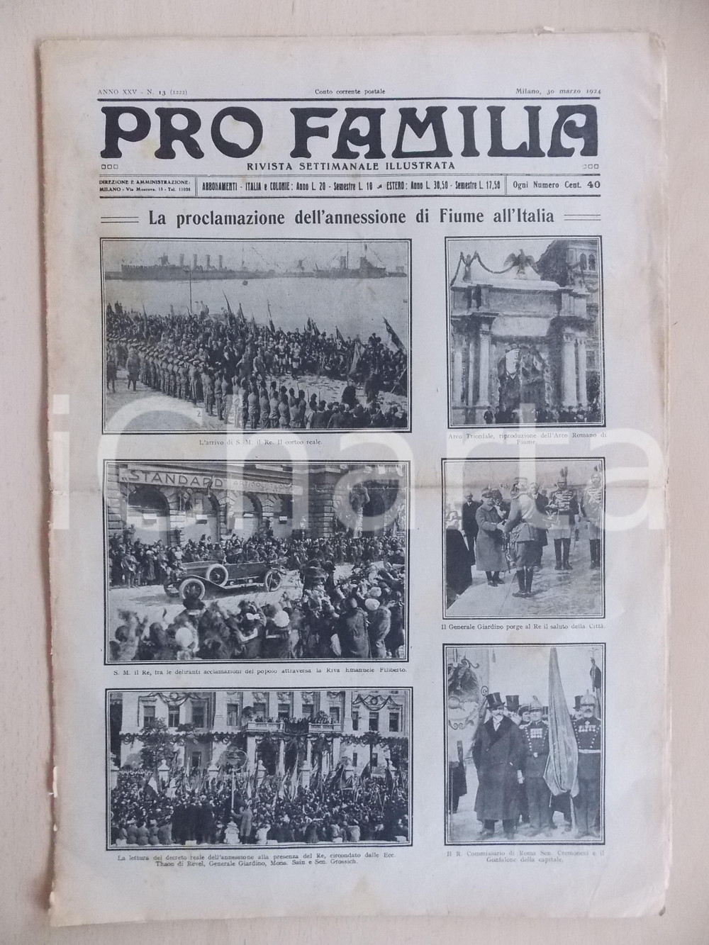 1924 PRO FAMILIA Annessione di Fiume all'Italia *Rivista anno XXV n° 13