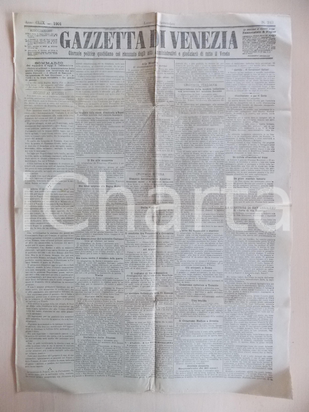 Giornale, rivista storica 1901 GAZZETTA DI VENEZIA Mostra a Lodi con ministro BACCELLI Anno CLIX nÂ° 243 1
