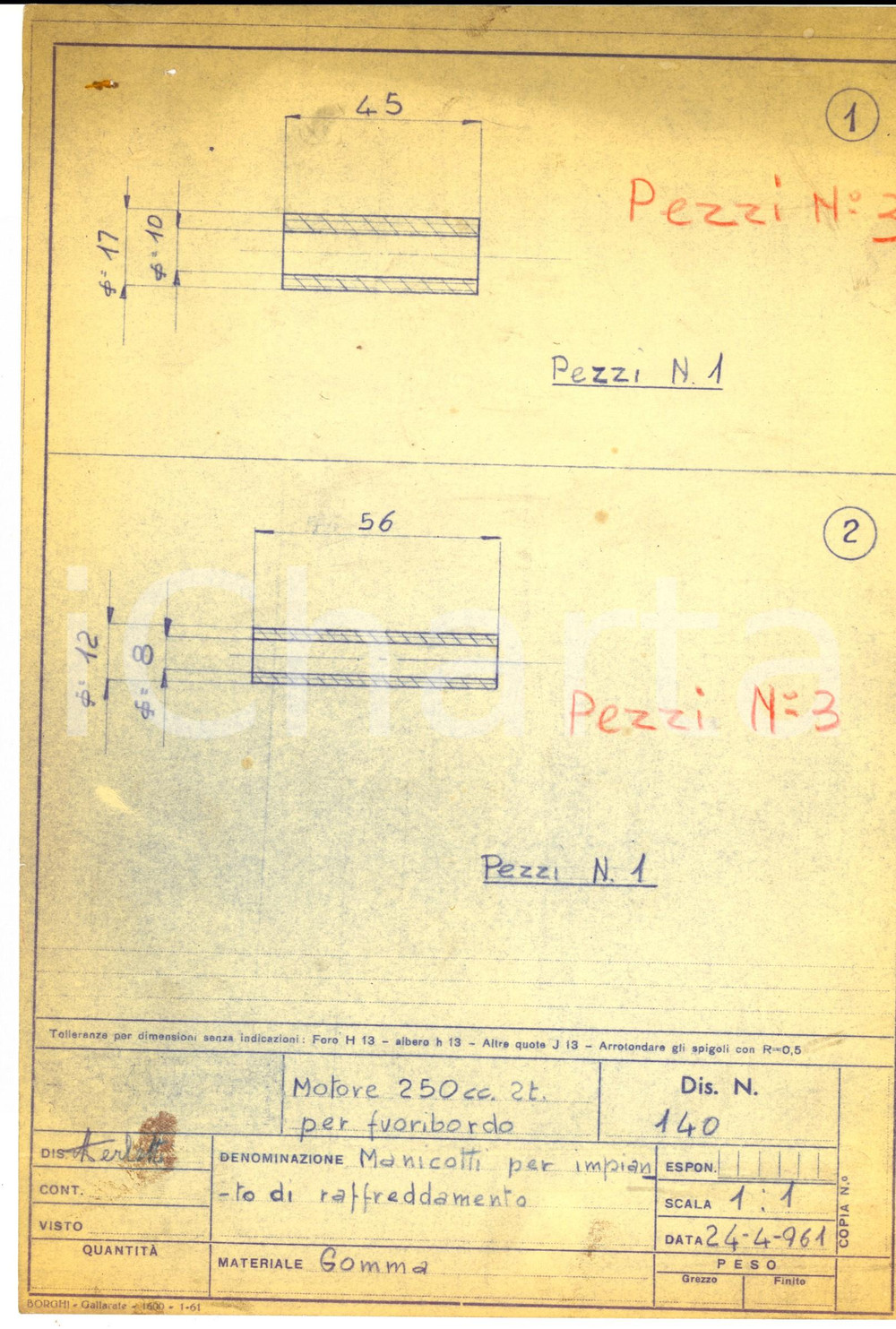 Stampa, bozzetto originale 1961 NAUTICA Motore 250 fuoribordo  Manicotti impianto raffreddamento Disegno 1