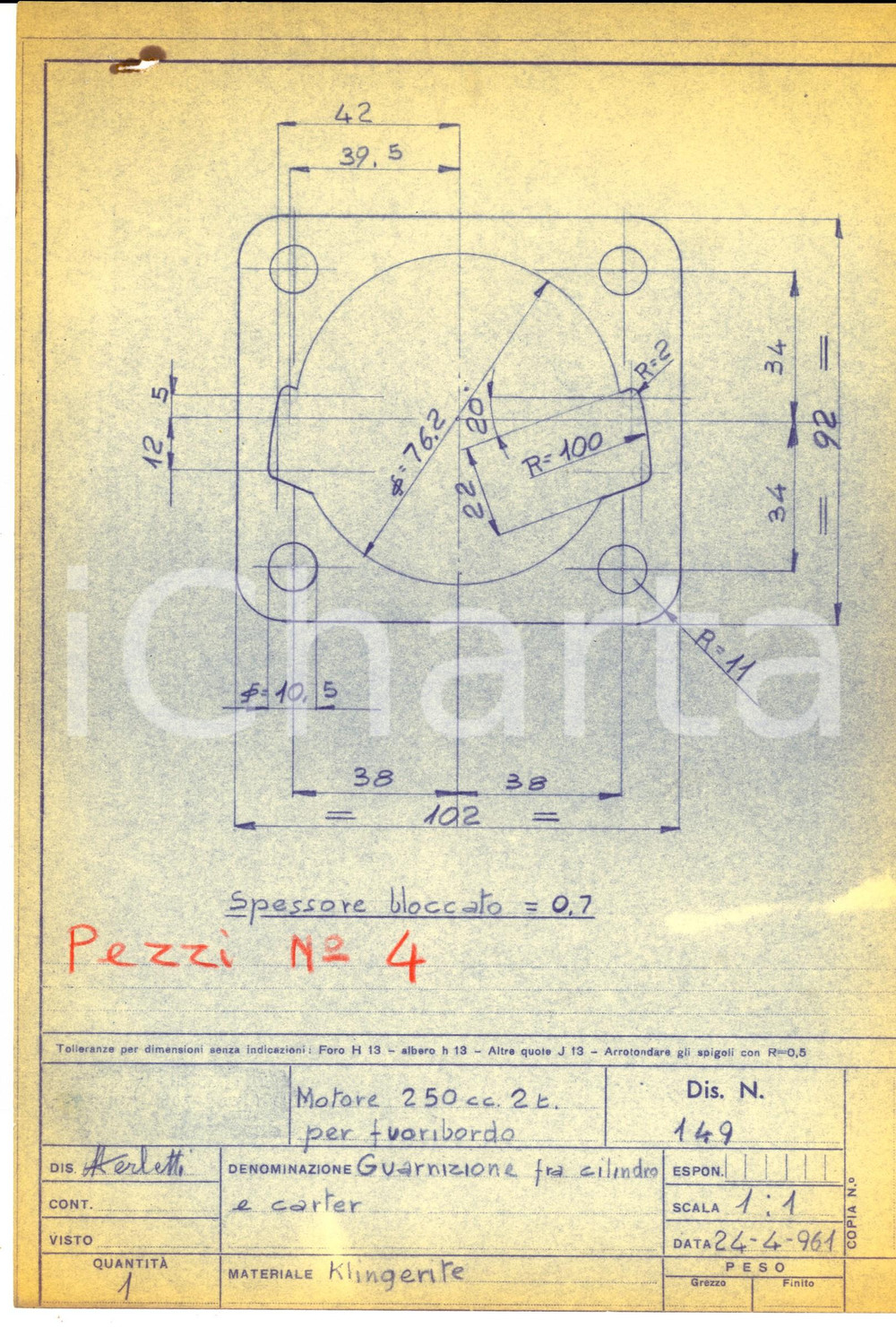 Stampa, bozzetto originale 1961 NAUTICA Motore 250 fuoribordo  Guarnizione fra cilindro e carter Disegno 1