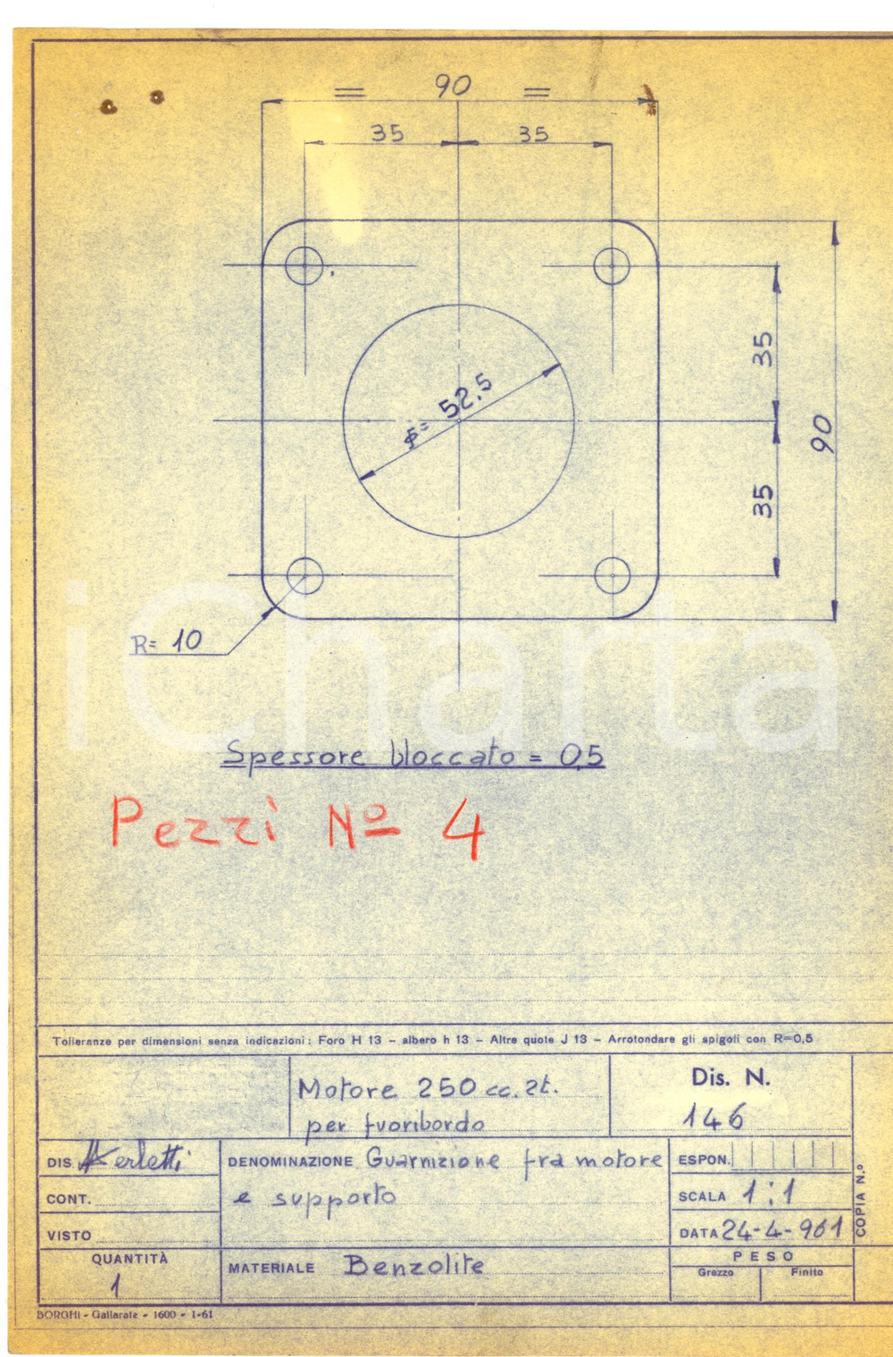 Stampa, bozzetto originale 1961 NAUTICA Motore 250 fuoribordo  Guarnizione fra motore e supporto Disegno 1