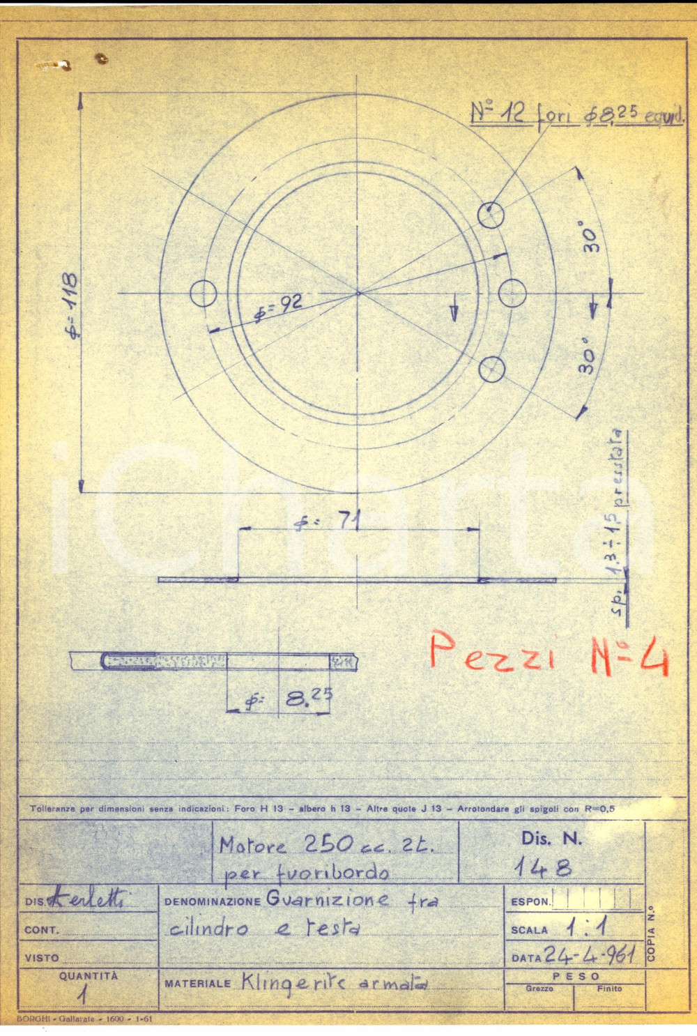 Stampa, bozzetto originale 1961 NAUTICA Motore 250 fuoribordo  Guarnizione fra cilindro e testa Disegno 1