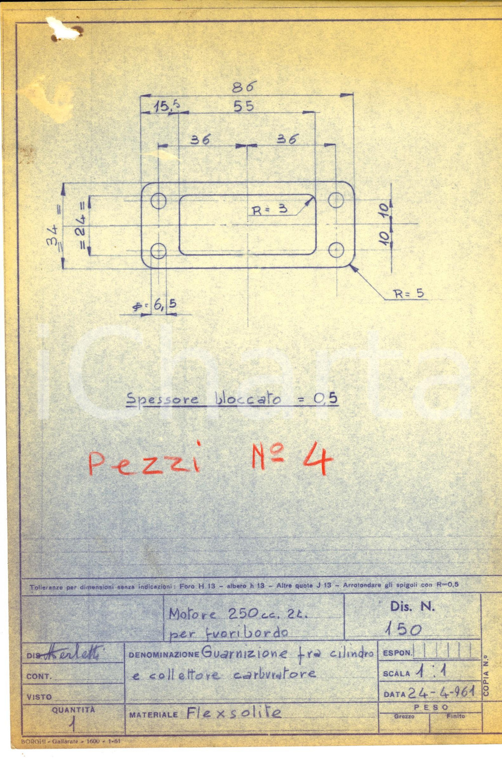 Stampa, bozzetto originale 1961 NAUTICA Motore 250 cc.  Guarnizione fra cilindro e collettore Disegno 1