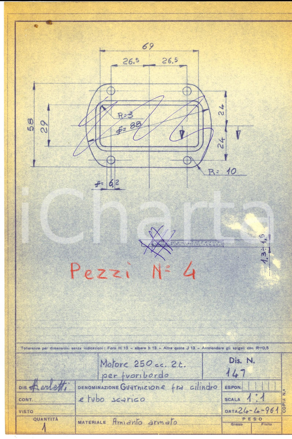 Stampa, bozzetto originale 1961 NAUTICA Motore 250 fuoribordo  Guarnizione fra cilindro e scarico Disegno 1
