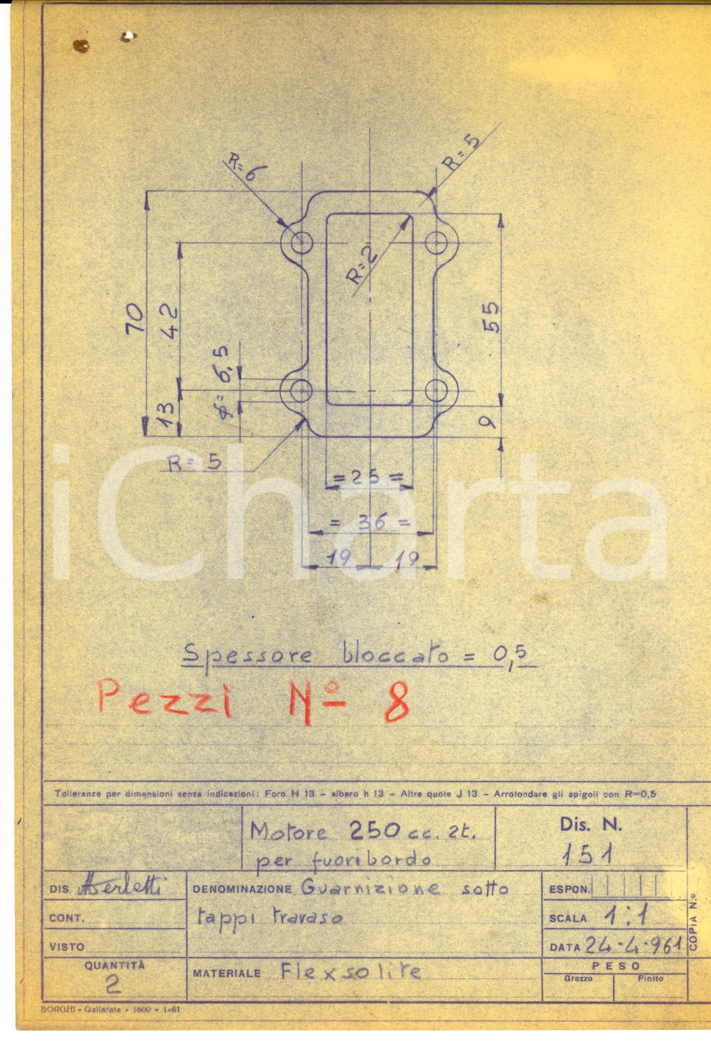 Stampa, bozzetto originale 1961 NAUTICA Motore 250 cc fuoribordo  Guarnizione sotto tappi travaso Disegno 1