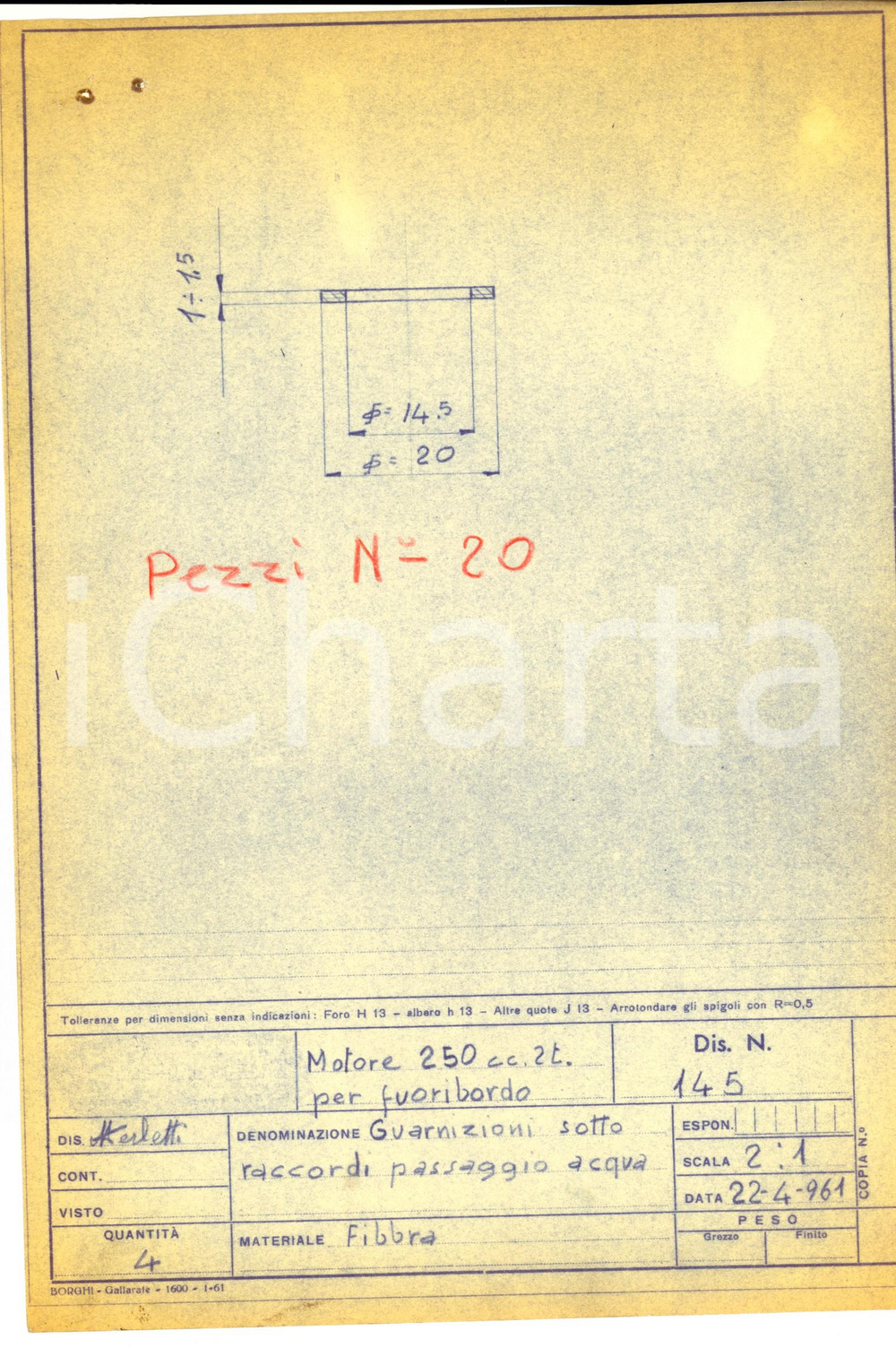 Stampa, bozzetto originale 1961 NAUTICA Motore 250 cc. fuoribordo  Guarnizioni sotto raccordi Disegno 1