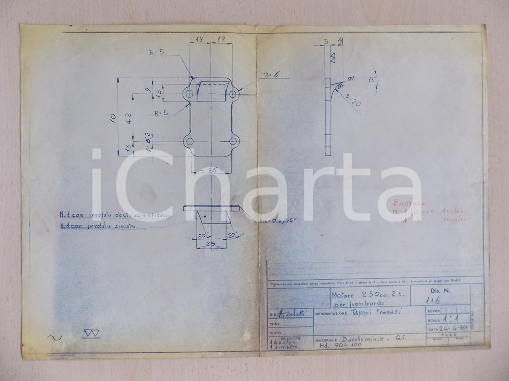 Stampa, bozzetto originale 1961 NAUTICA Motore 250 cc. per fuoribordo  Tappi travasi Disegno 40x30 cm 1
