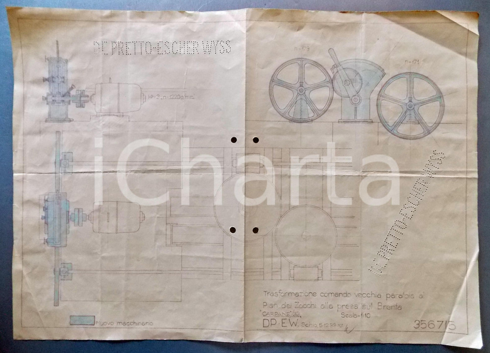 Stampa, bozzetto originale 1933 PIAN DEI ZOCCHI VI Trasformazione comando paratoia BRENTA Disegno 42x30 1
