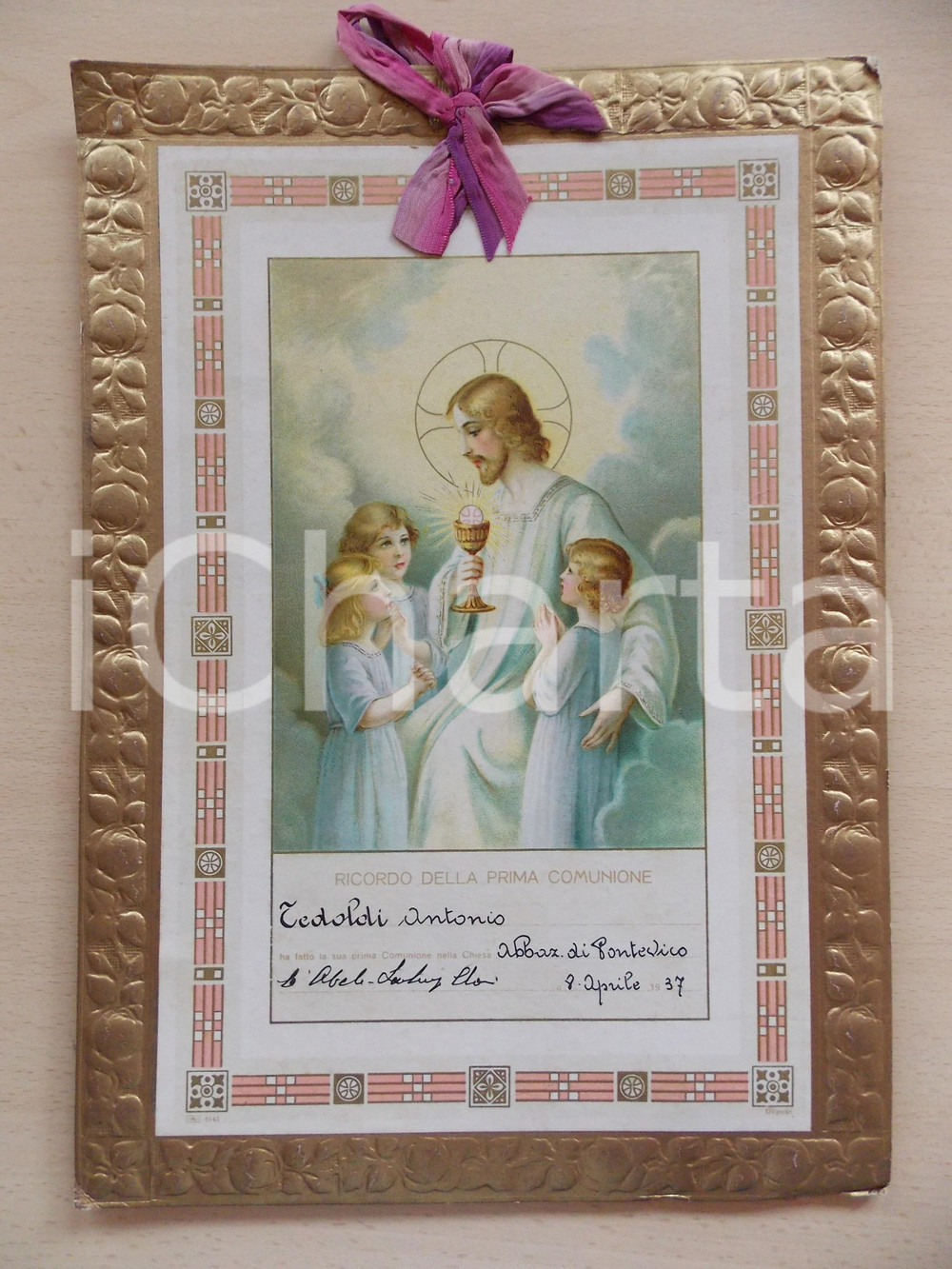 Documento originale, autentico 1937 PONTEVICO BS Ricordo della Prima Comunione di Antonio TEDOLDI 24x34 1