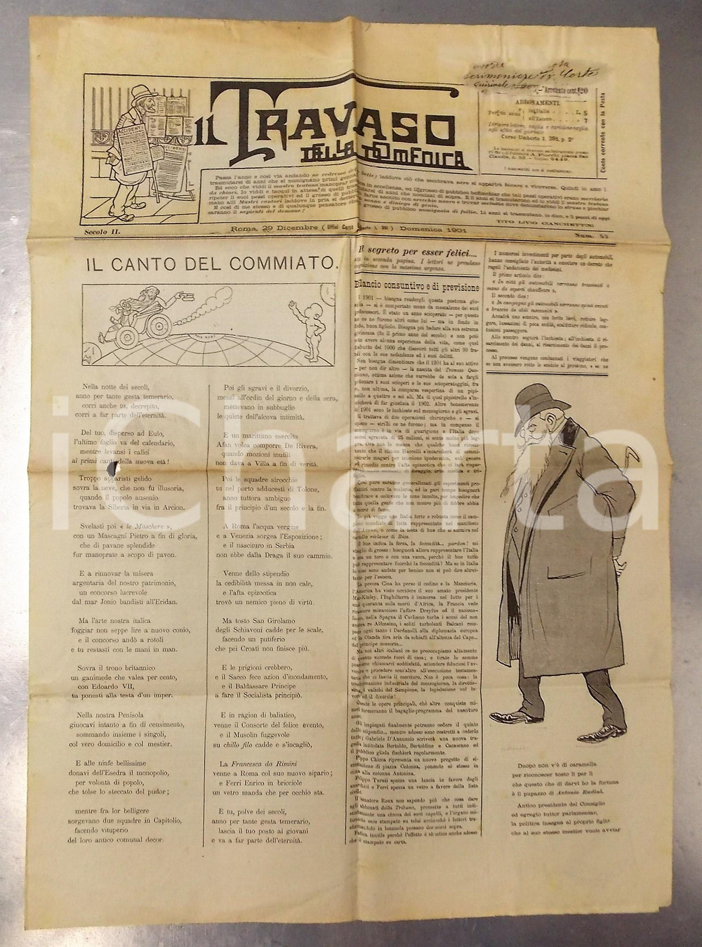 Giornale, rivista storica 1901 IL TRAVASO DELLA DOMENICA Pupazzo Antonio RUDINI  Giornale satirico 1