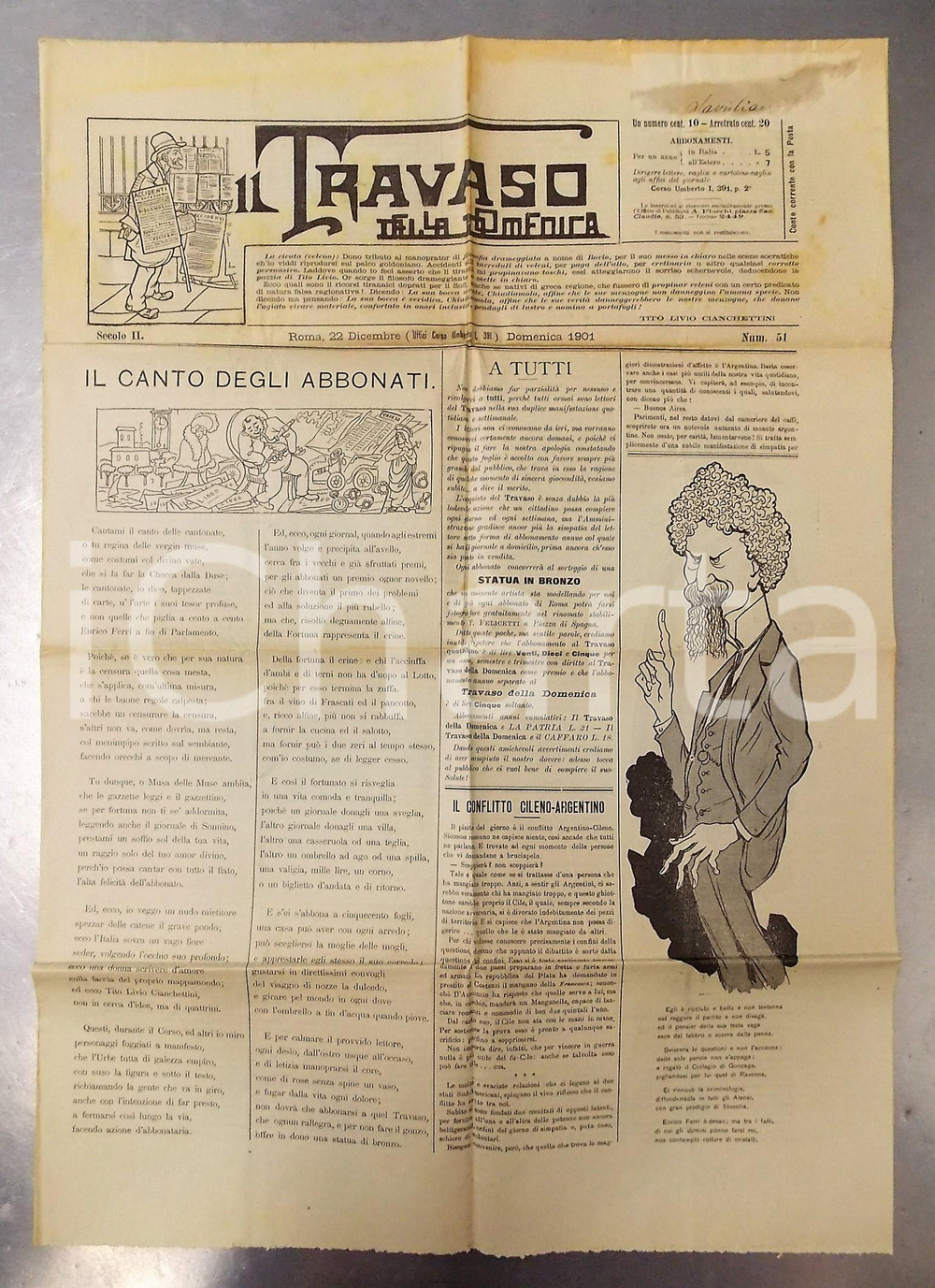 Giornale, rivista storica 1901 IL TRAVASO DELLA DOMENICA Caricatura Enrico FERRI Giornale satirico 1