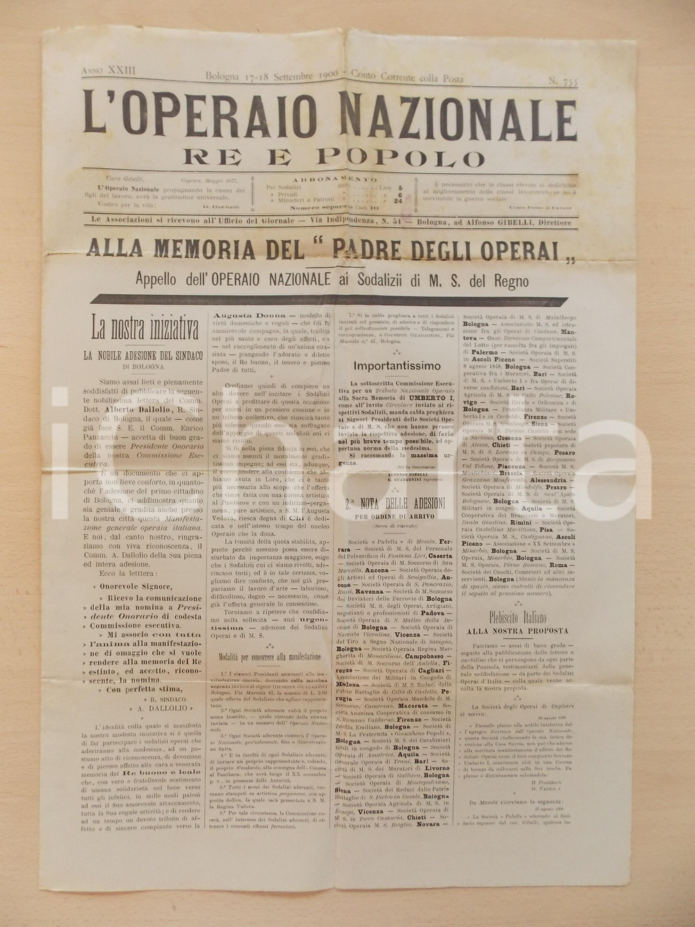 Giornale, rivista storica 1900 L OPERAIO NAZIONALE Adesione Alberto DALLOLIO  in memoria Umberto I nÂ° 755 1