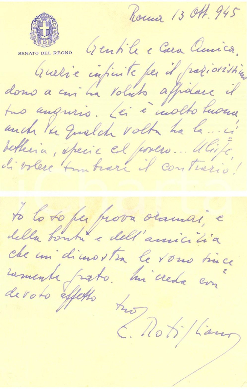 Autografo originale 1945 ROMA Senatore Edoardo ROTIGLIANO ringrazia per un dono Autografo 1